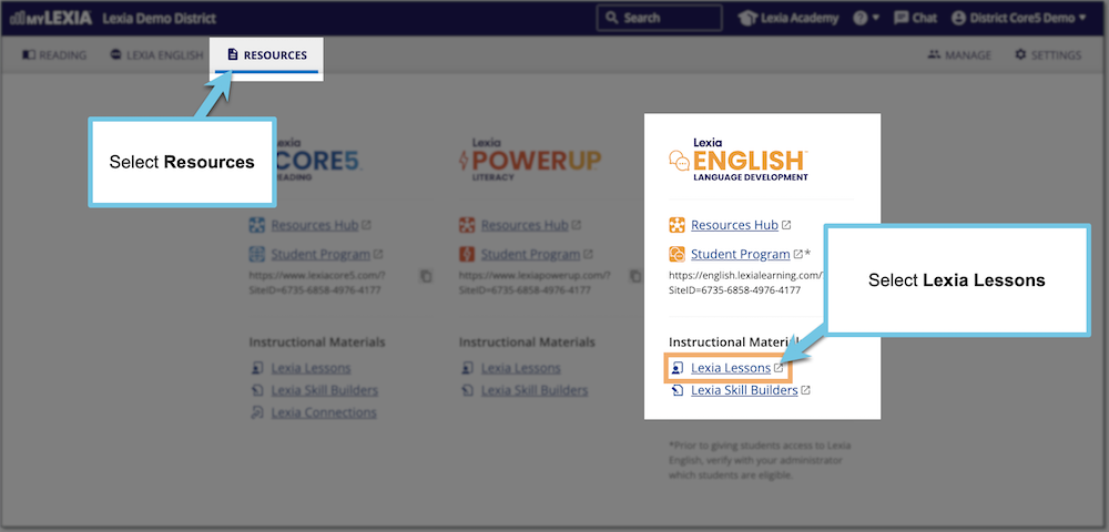 A screenshot of the Resources page in myLexia. Under the Lexia English logo, the Lexia Lessons link is highlighted.